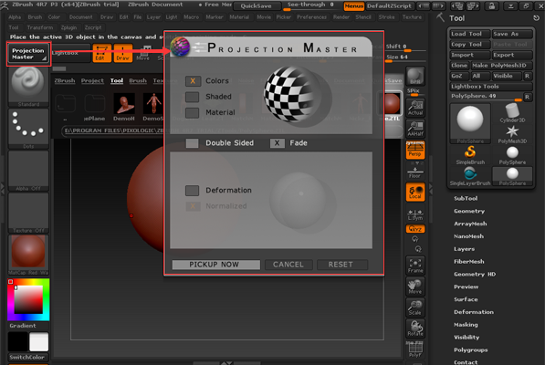how do i find projection master in zbrush 2018